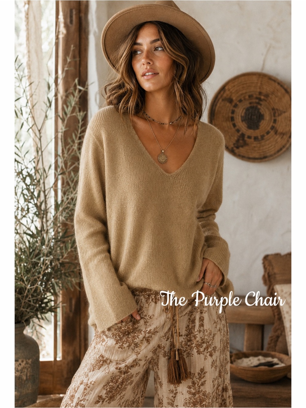 KENNETH COLE Tan Long Sleeve V-Neck Angora Blend Sweater M